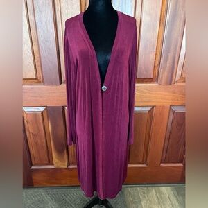Chico’s Travelers L 16/18 Longline Duster Cardigan Stretch Slinky Knit Maroon